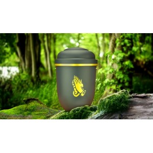 Biodegradable Cremation Ashes Funeral Urn / Casket - GALLANT GREY with GOLD HANDS IN PRAYER